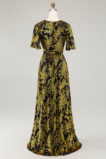 Burnout Velvet Golden Purple V-Neck Long Mother of Bride Dress with Sash